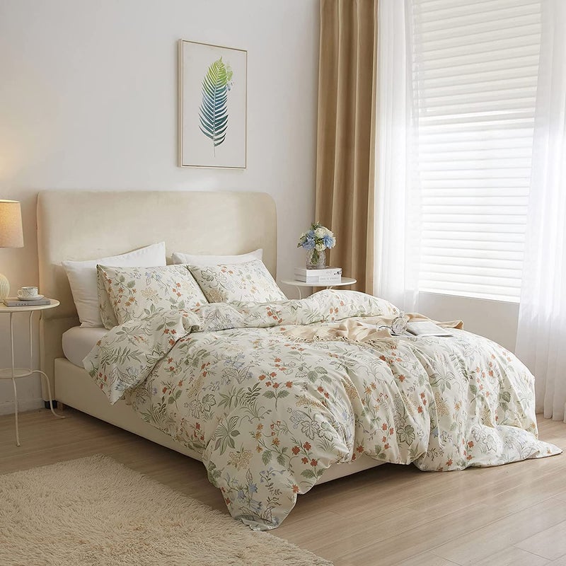 AMWAN Vintage Floral Duvet Cover Queen Garden Style Botanical Bedding Sets 100% Cotton White Floral Comforter Cover Chic Flower Leaf Botanical Duvet Cover Floral Queen Comforter Cover Set - Image 2